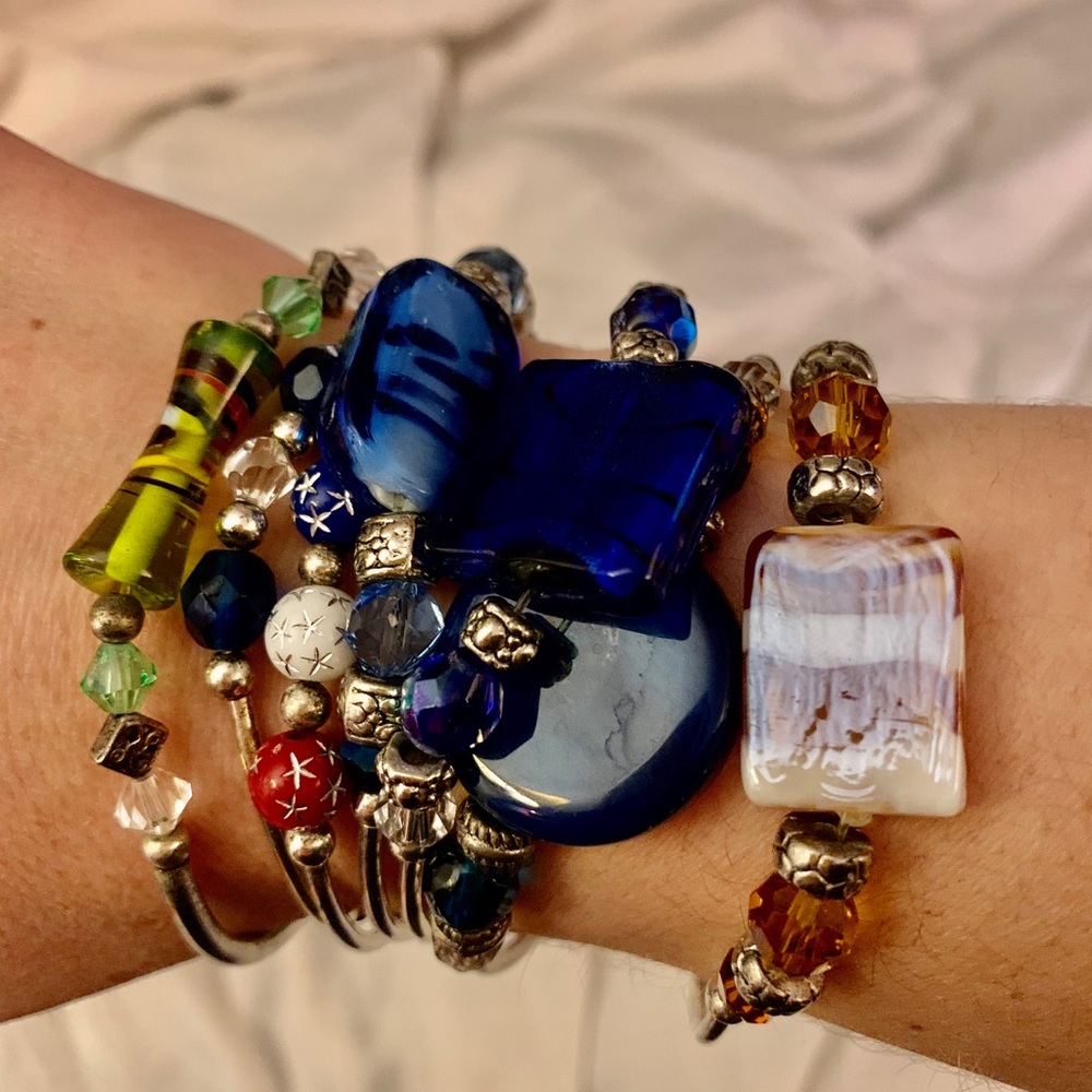 7 art glass and silver beads stretch bracelets
